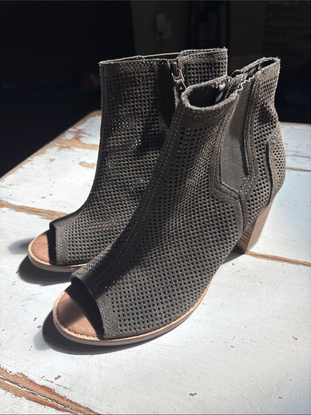 TOMS Peep-Toe Perforated Ankle Booties - Olive size 8